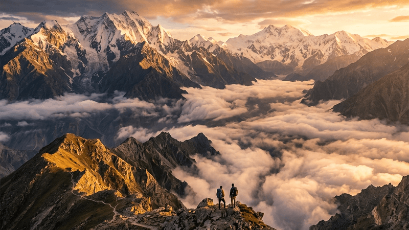 Dramatic mountain landscape with clouds and golden hour lighting